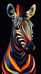 Sticker - Digital art style, a zebra illustrated with clean lines and high-contrast colors, showcasing its distinctive stripes in a modern, vivid representation.