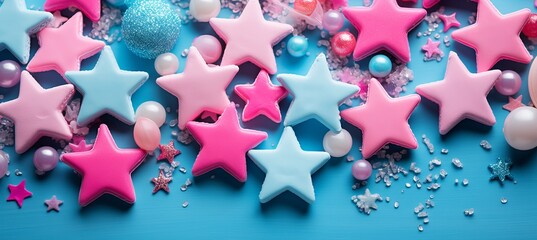 Colorful star-shaped decorations on a bright blue background for a festive celebration or party