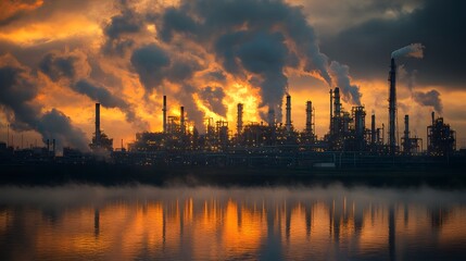 A large industrial plant is spewing smoke into the air. The sky is orange and the water is calm