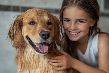 Girl and her dog having fun in a bubble bath outdoors on a sunny day, radiating joy and togetherness