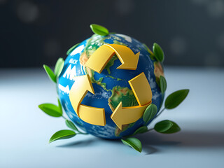 Wall Mural - Cartoon Earth Surrounded by Recycle Arrows and Green Leaves