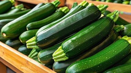 A pile of market-ready zucchini (Cucurbita pepo) on a wooden stand, perfect for summer dishes