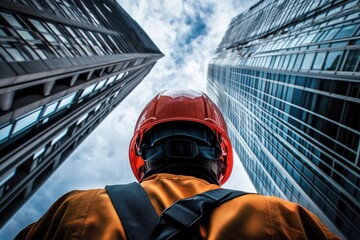 Wall Mural - Construction Worker Looking Up at Skyscrapers