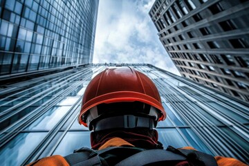 Wall Mural - Construction Worker Looking Up at Tall Buildings