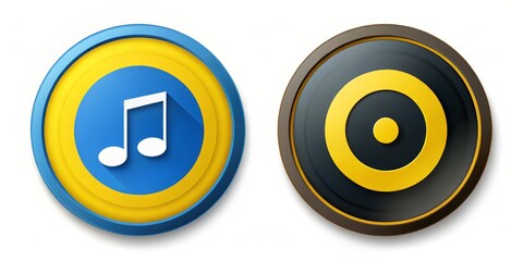 Blue musical disc surrounded by a circle of yellow, with a black play arrow pointed towards the center