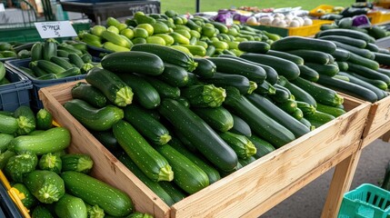 A pile of market-ready zucchini (Cucurbita pepo) on a wooden stand, perfect for summer dishes