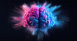 © Oleksandr - 3D rendering of a colorful powder explosion forming the shape of a human brain on a black background, with bright blue and pink colors