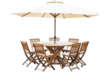 Wall Mural - A round table with chairs and an umbrella for outdoor dining, isolated on a white background.