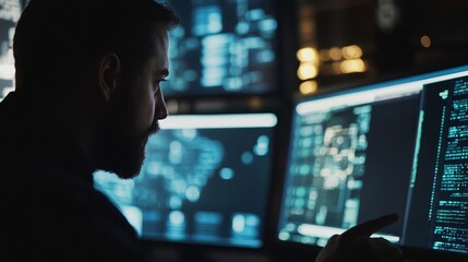hacker silhouetted at computer screen with code