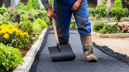 Male worker lays asphalt road repair road paving A man in overalls is laying asphalt with a shovel generative ai