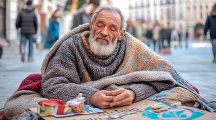 Wall Mural - Old homeless man wearing sweater and blanket sleeping on cardboard seeking help because hungry and food beggar from people walking pass on street. Poor man homeless and depression concept 