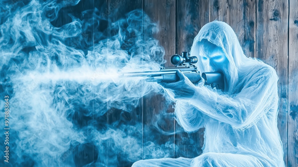 Ghost Sniper on Rooftop: Haunting Blue Mist Stock Illustration | Adobe ...