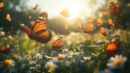 Wall Mural - A field of white wildflowers is bathed in golden sunlight, with a swarm of monarch butterflies flitting through the air.