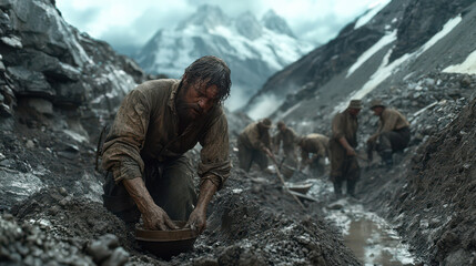 Prospectors panning for gold in a harsh mountain environment