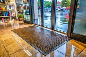 wet mat at store front door. shopping in rainy season