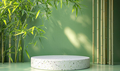 Eco-Friendly Product Photography Showcase on an Empty Platform Surrounded by Green Bamboo Background