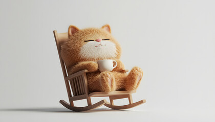 Wall Mural - 3d, cute chubby furry cat, satisfied expression, one eye open, other closed, lying in rocking chair, drinking hot tea