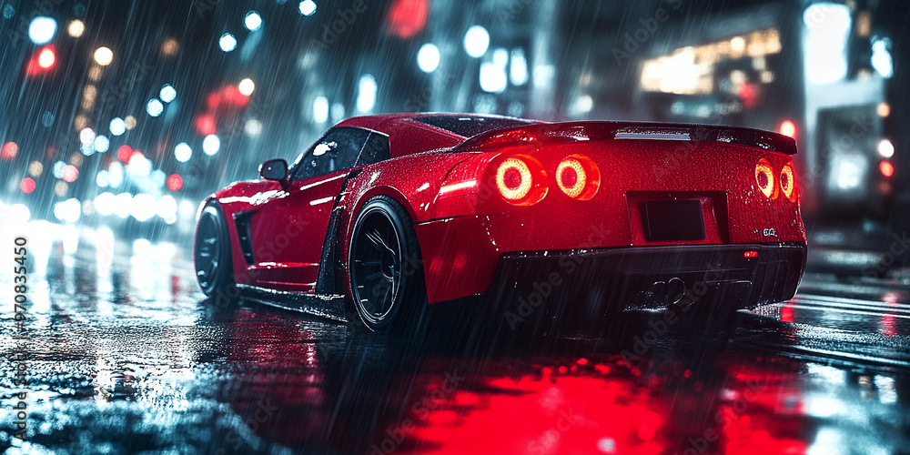 A red sports car drives through the streets of the city at night. Rain ...