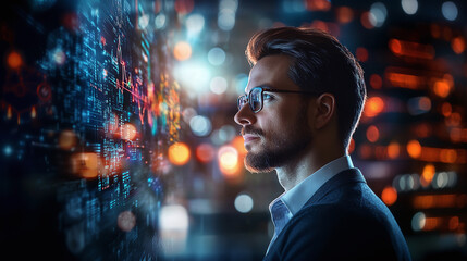 A businessman collaborates with artificial intelligence algorithms to drive innovation in a high-tech environment and stay ahead.