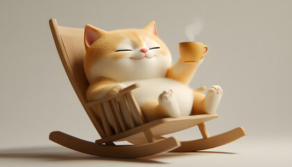 Wall Mural - 3d, cute chubby furry cat, satisfied expression, one eye open, other closed, lying in rocking chair, drinking hot tea