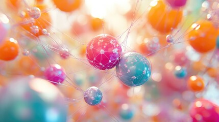 Colorful spheres connected by thin threads, creating a complex network. The spheres are iridescent and reflect light.