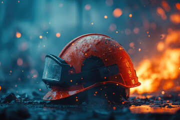 Canvas Print - Firefighter Helmet Lying on Ground with Fire in Background