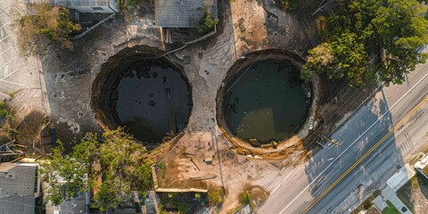 Aerial view of two sinkholes formed by the city s rainwater network failures exacerbated by intense rains from climate change and authority neglect