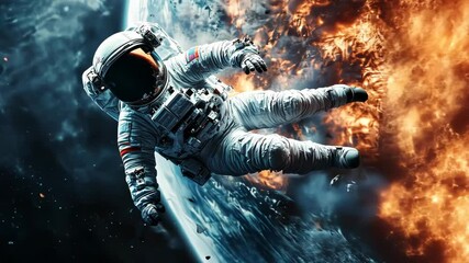 Canvas Print - Astronaut falling to earth planet. Realistic science fiction art