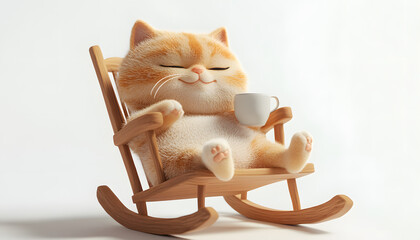 Wall Mural - 3d, cute chubby furry cat, satisfied expression, one eye open, other closed, lying in rocking chair, drinking hot tea