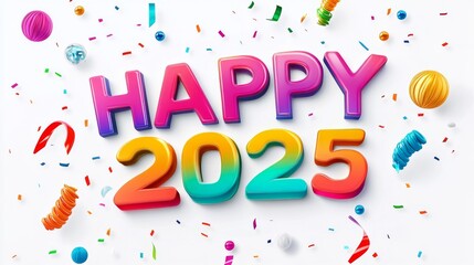 happy new year,  with confetti on a white background, Happy New Year 2025 concept design for a greeting card or banner decoration