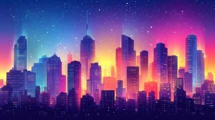 Neon City Skyline with Stars at Night