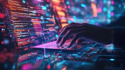 Close-up of hands typing on a laptop keyboard with glowing lines of code in the background.