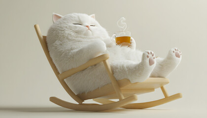 Wall Mural - 3d, cute chubby furry cat, satisfied expression, one eye open, other closed, lying in rocking chair, drinking hot tea