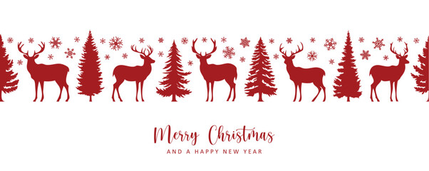 Wall Mural - christmas greeting card with seamless deer and fir tree pattern vector illustration