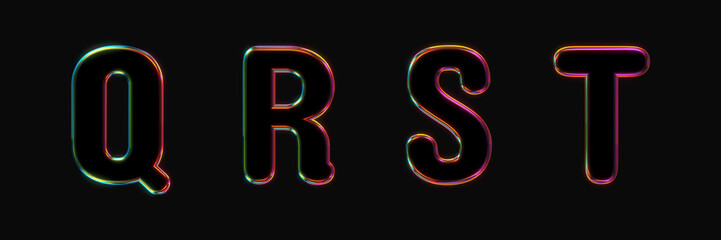 set of black 3d letters with multicolored embossed outline, black background, 3d rendering, q r s t