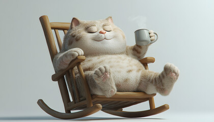 Wall Mural - 3d, cute chubby furry cat, satisfied expression, one eye open, other closed, lying in rocking chair, drinking hot tea