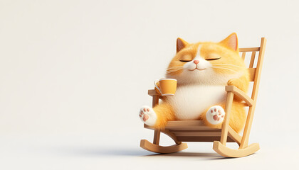 Wall Mural - 3d, cute chubby furry cat, satisfied expression, one eye open, other closed, lying in rocking chair, drinking hot tea