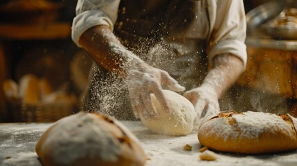 The image shows a person in the process of baking bread