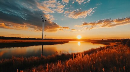 A windmill is in the foreground of a beautiful sunset over a lake