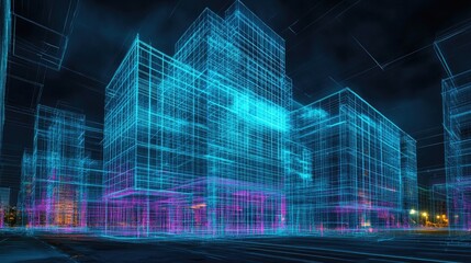 Wall Mural - a wireframe model of a city with buildings in a futuristic style.