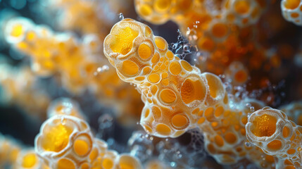 Close up photo of yeast cells fermenting, showcasing their unique structure and vibrant colors. This image highlights intricate details of fermentation process, emphasizing importance of yeast in vari