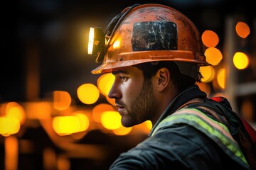 Wall Mural - A Construction Worker Wearing a Hard Hat with a Headlamp in a Factory