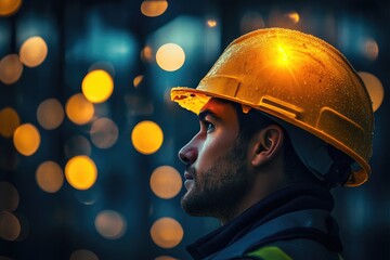 Wall Mural - Construction Worker Looking Up at Nighttime City Lights