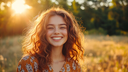 Young happy smiling woman standing in a field with sun shining through her hair