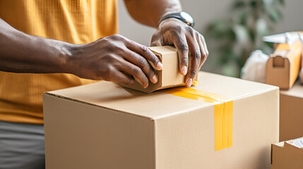 Closeup of a mans hands taping a cardboard box preparing it for shipment in an ecommerce warehouse