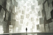 © alisluch - Silhouette of a person standing in a surreal room surrounded by floating documents with text, creating an overwhelming atmosphere