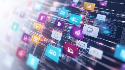 Colorful app icons on a digital background with lines of code.