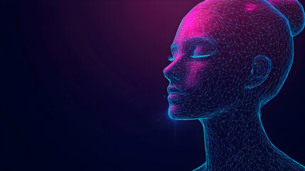 Wall Mural - Abstract Wireframe Portrait of a Woman with Eyes Closed, Glowing in Pink and Blue, Minimalist Style