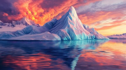 Wall Mural - Colorful iceberg mountain in a realistic Arctic setting, with icy blue peaks and clear waters, under a bright, dramatic sky