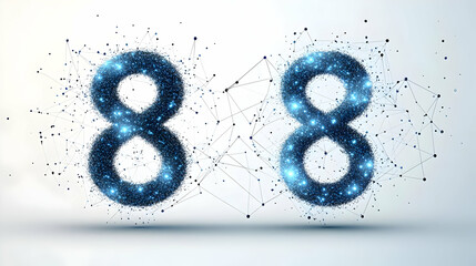 Wall Mural - abstract digital number eight 8, connected by lines and dots, glowing and glittering, blue and white